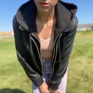 Obey faux leather jacket with hoodie liner!